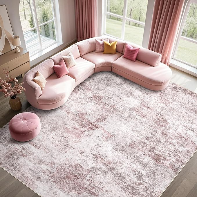 UERMEI 9x12 Washable Area Rug - Neutral Modern Abstract Living Room Rugs, Non-Slip Soft Large Indoor Floor Carpet for Bedroom Home Office & Under Dining Table Decor, Pink Grey