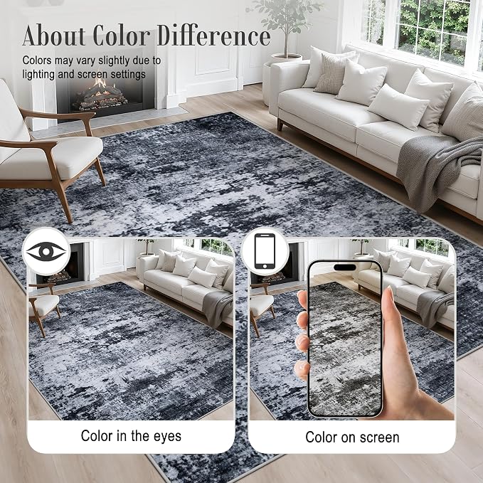 6x9 Area Rug Living Room Rug: Washable Modern Abstract Soft Thin Rug Indoor Floor No Slip Stain Resistant Carpet for Bedroom Dining Room Farmhouse Nursery Home Office - Black