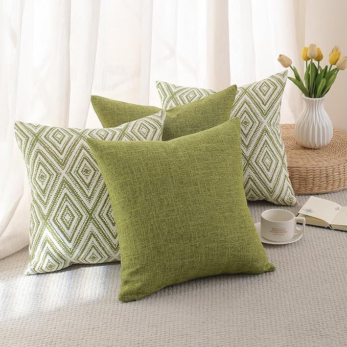 HPUK Throw Pillow Covers 18x18 Inch Set of 4, Linen Decorative Pillow Covers, Accent Cushion Covers for Couch Sofa Bed Bedroom Living Room Décor, Green