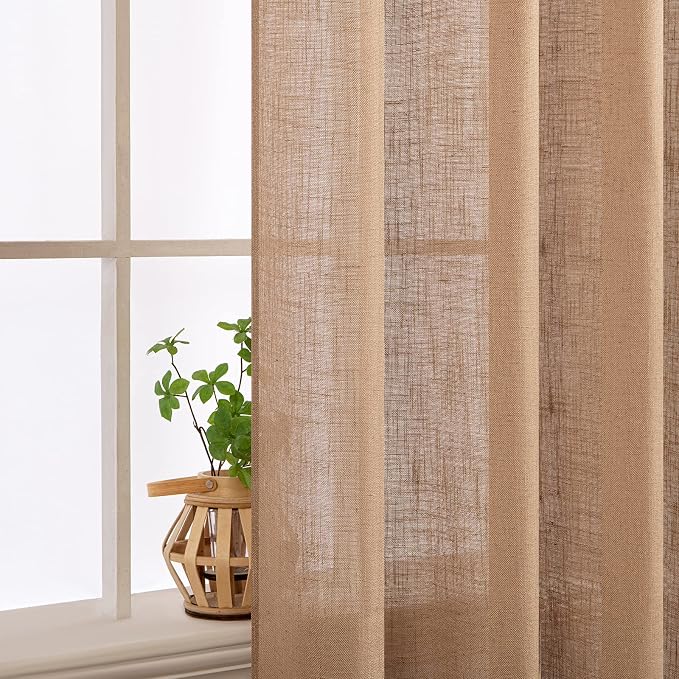 MIULEE Brown Linen Curtains 96 Inches Long for Bedroom Living Room, Soft Thick Linen Textured Window Drapes Semi Sheer Light Filtering Back Tab Rod Pocket Burlap Look Farmhouse Decor, 2 Panels Set