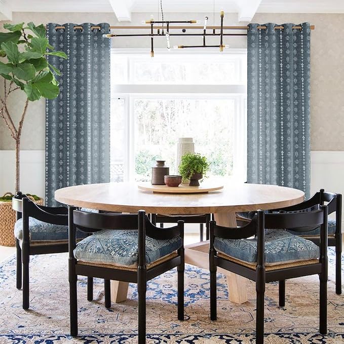 Vintage Washed Navy Blue Boho Farmhouse Linen Curtains for Bedroom Living Room, Dark Denim Chambray Floral Sheer Patterned Western Navajo Distressed Curtains 84 Inch Length