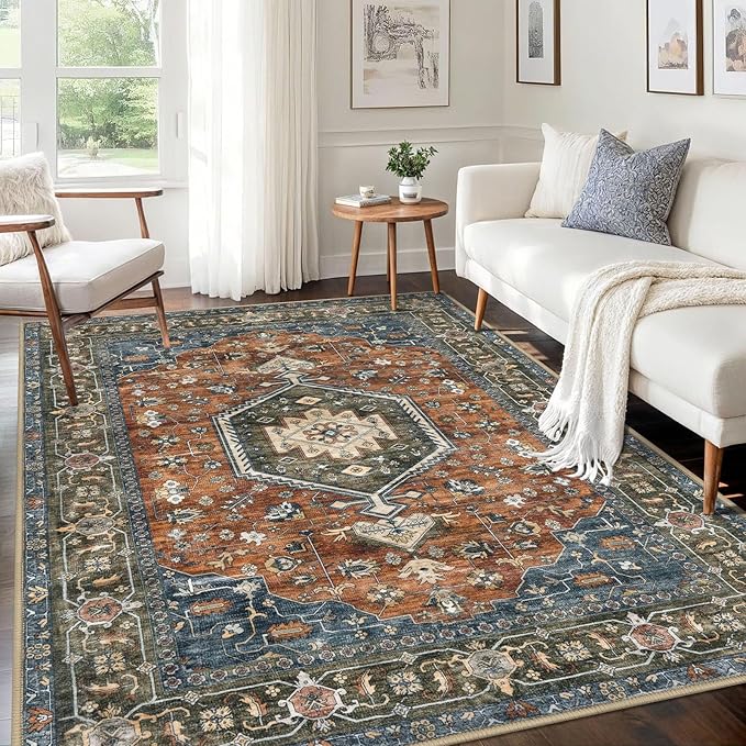 KUTA Area Rug 5x7 Brick Red, Vintage Washable Rugs for Living Room Ultra Soft Non-Slip Printed Tribal Traditional Farmhouse Carpet for Bedroom Dining Room Dorm Office Home Decor