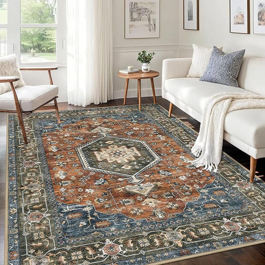 KUTA Area Rug 5x7 Brick Red, Vintage Washable Rugs for Living Room Ultra Soft Non-Slip Printed Tribal Traditional Farmhouse Carpet for Bedroom Dining Room Dorm Office Home Decor