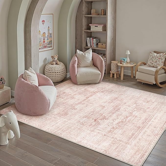 HUGEAR Retro 5x7 Washable Area Rugs Pink Nursery Living Room Bedroom Rug Vintage Distressed Throw Carpet Neutral Stain Resistant Non Slip Low Pile Playroom Kidsroom Home Aesthetic Decor
