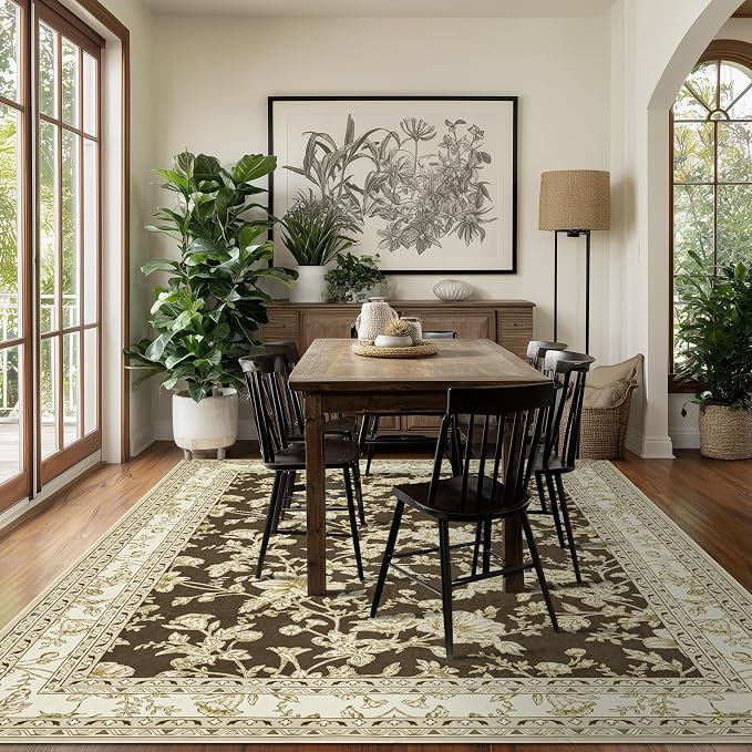 Brown Floral Print Area Rugs for Bedroom Living Room Boho Farmhouse Country Rustic Dining Room Carpet Soft Washable Rugs Non Slip Floor Covering for Nursery Playroom 7x9