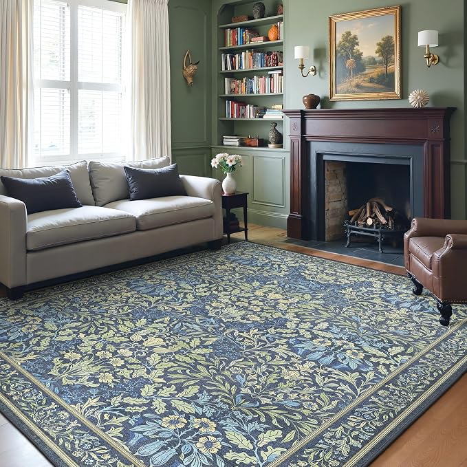 GENIMO 6x9 Washable Living Room Area Rug, Non Slip, Dark Blue | Vintage Boho Floral Low Pile Thin Carpet for Bedroom, Dining Room, Nursery, Indoor Decor