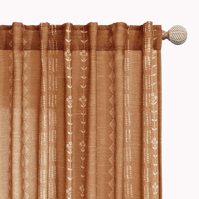 Lino Rosa 63 Inch Length Burnt Orange Boho Curtains for Living Room,Vintage Farmhouse Sheer Fall Kitchen Window Curtain Drapes 63 Inch Long 2 Panels Set