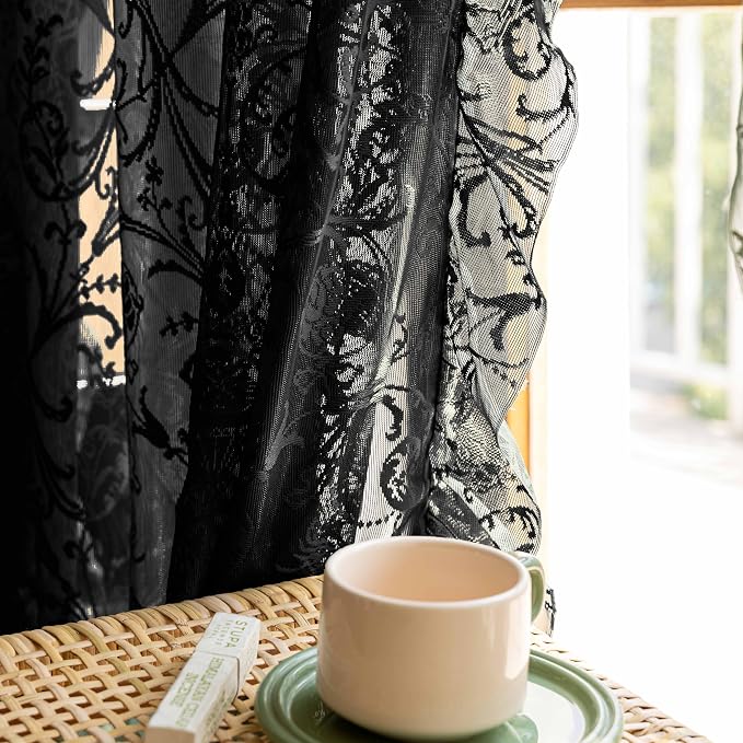 TUDECO Black Gothic Curtains for Bedroom -Whimsy Sheer Lace Curtains 72 Inch Length, Vintage Floral Moody Privacy Rod Pocket Light Flitering Lace Drapes 2 Panels, 59W x 72L Inch