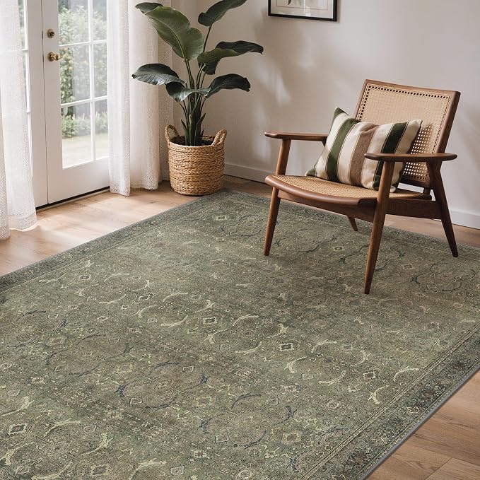 GENIMO 6x9 Area Rugs for Living Room, Machine Washable Non Slip Vintage Rugs, Low Pile Lightweight Chenille Print Rug for Bedroom, Dining Room, Home Office, Muted Green