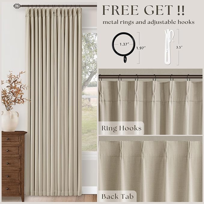 Neutral Oatmeal Pinch Pleated 100% Blackout Linen Curtains 80 Inch Length 2 Panels Set Pinch Pleat Curtains Black Out Light Blocking Room Darkening Drapes with Liner for Bedroom Living Room Window