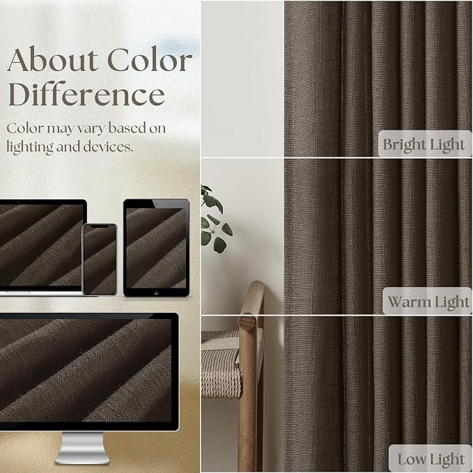 TWODRAPES Dark Chocolate Pinch Pleated Linen Curtains 2 Panels for Living Room Bedroom Memory Training Shaped Semi Sheer Pleat Drapes with Hooks Rings Light Filtering Window Curtain 40x102