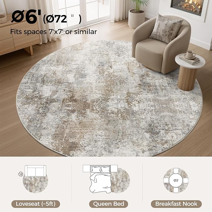 WITSHOCK Area Rugs 6ft Round Living Room Rug - Washable Neutral Soft Low Pile Non-Slip Modern Abstract Thin Large Indoor Carpet for Bedroom Dining Room Nursery Office - Light Brown Grey