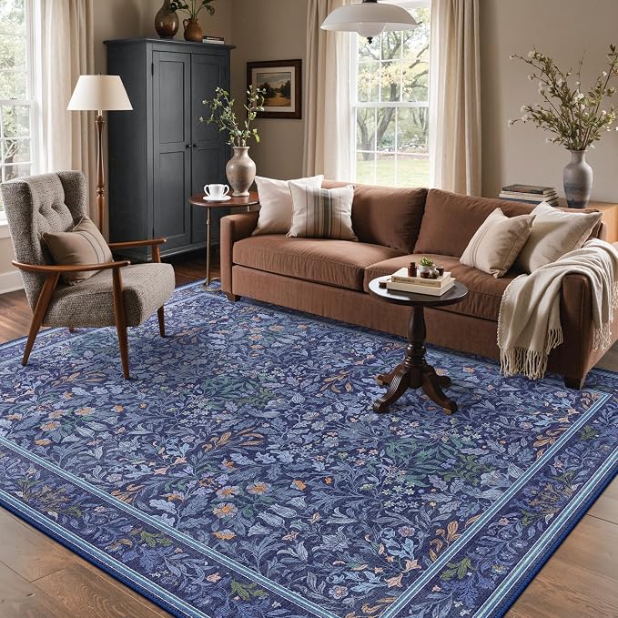 GENIMO 6x9 Washable Living Room Area Rug, Non Slip, Blue | Vintage Boho Floral Low Pile Thin Carpet for Bedroom, Dining Room, Nursery, Indoor Decor