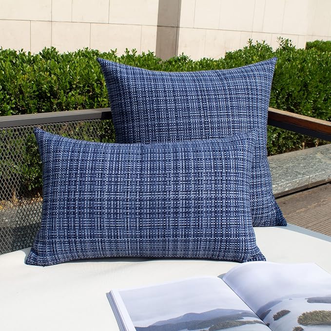 Kevin Textile Outdoor Waterproof Throw Pillow Covers 12x24 Inch Pack of 2 Woven Faux Linen Farmhouse Decorative Water Resistant Lumbar Cushion Covers for Tent Patio Garden Couch Sofa Navy Blue