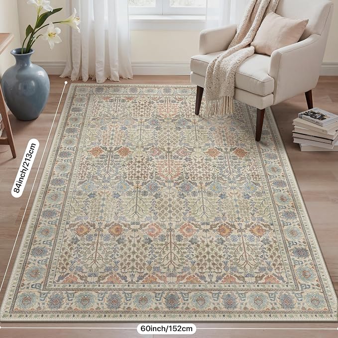 Bavni 2x7 Rug Runners for Hallways, Washable Runner Rug Non Slip,Vintage Floral Print Style Rugs for Bedroom-Lightweight Low Pile Carpet for Hallways Bathroom, Earth Yellow