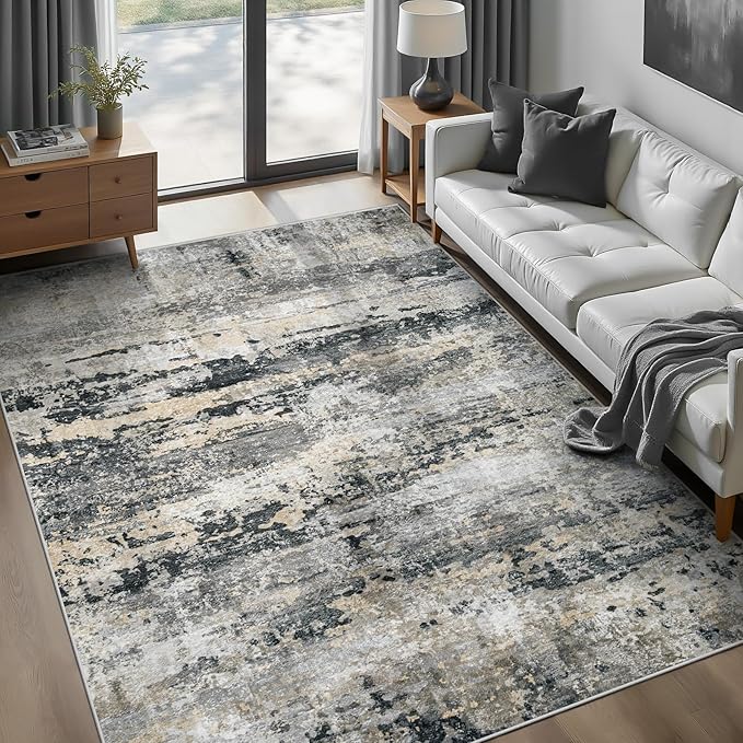 pmtsns Area Rugs 5x7 for Living Room: Washable Rug Modern Abstract Neutral Soft Non-Slip Low-Pile Indoor Carpet for Bedroom Dining Room Playroom Home Office (Black Grey Brown, 5'x7')