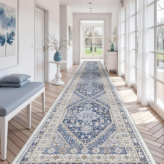 zesthome 3x18 Washable Runner Rug for Hallway, Non-Slip Long Hallway Runner for Entryway, Soft Vintage Kitchen Mats for Floor, Abstract Dining Room, Bedroom, Living Room Rugs(Blue/Beige,3'x18')