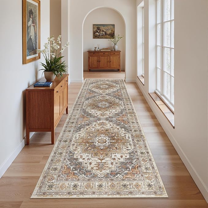 Madane Runner Rug 2'6''x8' Kitchen Runner, Hallway Runner Printed Vintage Washable Rugs Soft Non-Slip Low Pile 2.5x8 ft Runners for Hallways Laundry Room Rug Distressed Rug, Turmeric/Grey