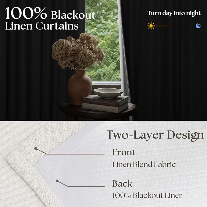 TWODRAPES Ivory Linen Blackout Pleated Curtains 84 Inches Long 2 Panels Set Pinch Pleate 100% Black Out Double Layer Natural Burlap Thermal Insulated Drapes for Bedroom Living Windows 84 Inch Length