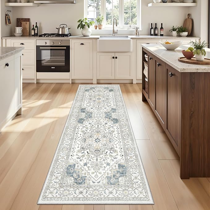 Runner Rug 2'x6' Washable Vintage Area Rugs for Hallway Non Slip Laundry Rug Runner Boho Floor Carpet Runners for Entryway Laundry Room Kitchen Bathroom (2'x6',BeigeBlue)