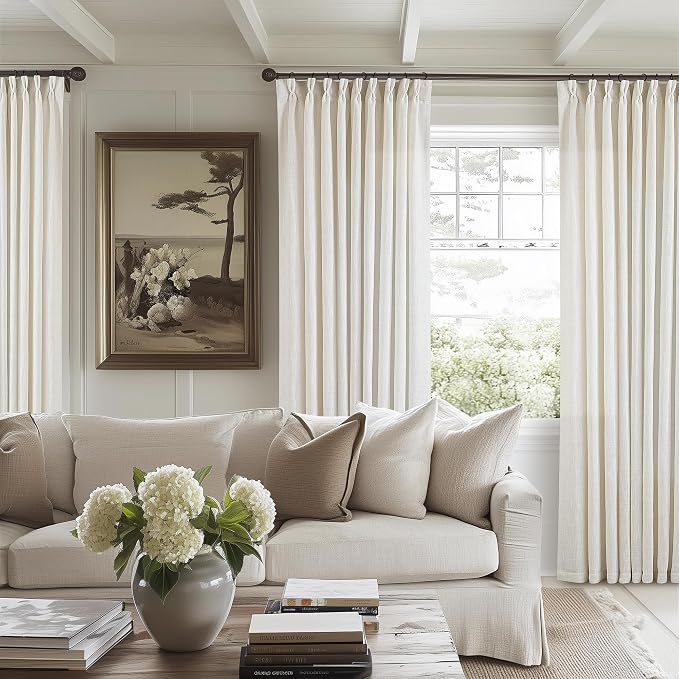 TWODRAPES Natural Pinch Pleated Linen Curtains 1 Panel for Living Room Bedroom Memory Training Shaped Semi Sheer Pleat Drapes with Hooks Rings Light Filtering Window Curtain 60x108