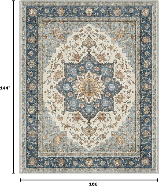 GENIMO 9x12 Area Rugs for Living Room, Machine Washable Non Slip Rugs, Low Pile Lightweight Print Rug for Bedroom, Dining Room, Home Office, Vintage Blue Medallion