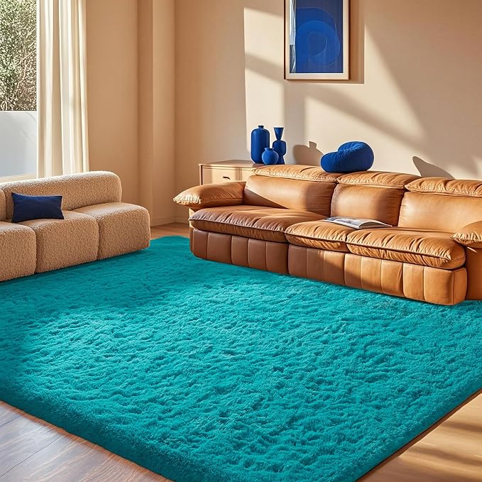 Ophanie Teal Rugs for Bedroom Living Room, Fluffy Fuzzy Furry Carpet, Plush Soft Shaggy Bedside Indoor Floor 4x6 Area Rug for Kids Girls Boys Baby Teen Dorm Nursery Decor with Over 99 pcs Pile fibers