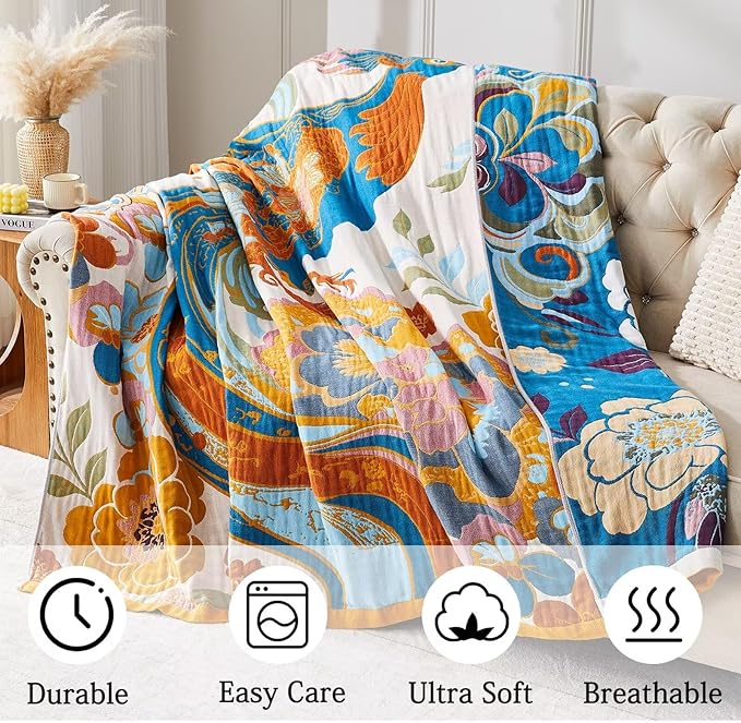 Boho Blanket Soft Muslin BohoThrow Blanket, 100% Cotton Floral Printed Farmhouse Decor All Season Reversible Rustic Throw for Sofa Couch Chair (60"x80")