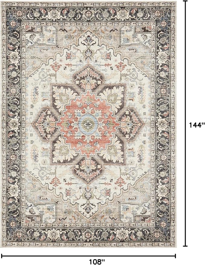 Area Rug 9x12 for Living Room, Medallion Printed Ultra-Thin Soft Large Carpet, Oriental Non Slip Big Washable Fade Stain Resistant Rugs for Bedroom Dining Room Home Office Decor