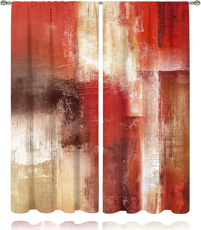 MESHELLY Red Curtains 52Wx84H Inch Rod Pocket Abstract Rustic Vintage Burgundy Brown Modern Oil Painting Bedroom Window Drapes Contemporary Women Art Aesthetic Printed Living Room Window Treatment