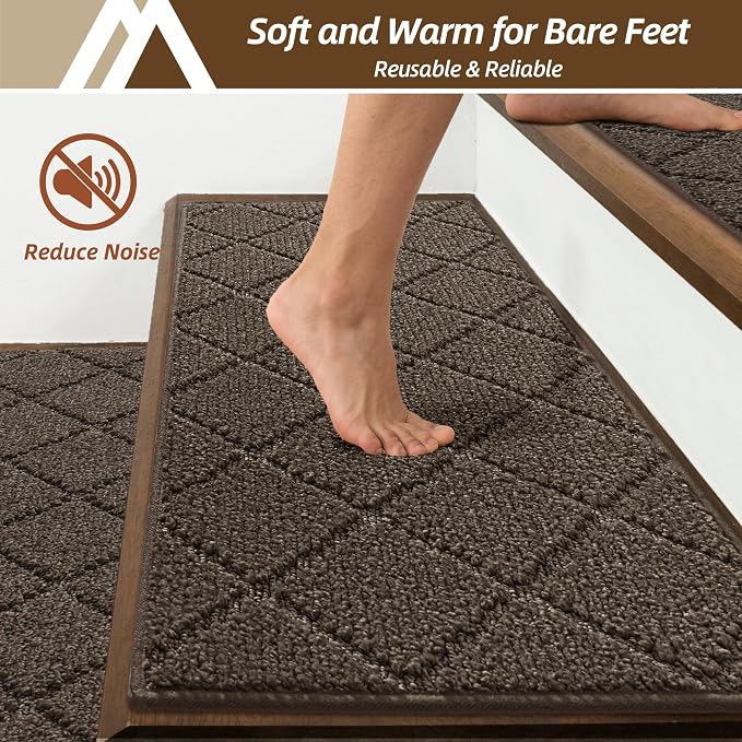 COSY HOMEER Stair Treads for Wooden Steps 11"x30" Washable Indoor Carpet Stair Treads Non Slip Soft Polyester Stair Carpet Tread Reusable Stair Runner Rugs for Kids, Elders,Pets,Brown,4pcs