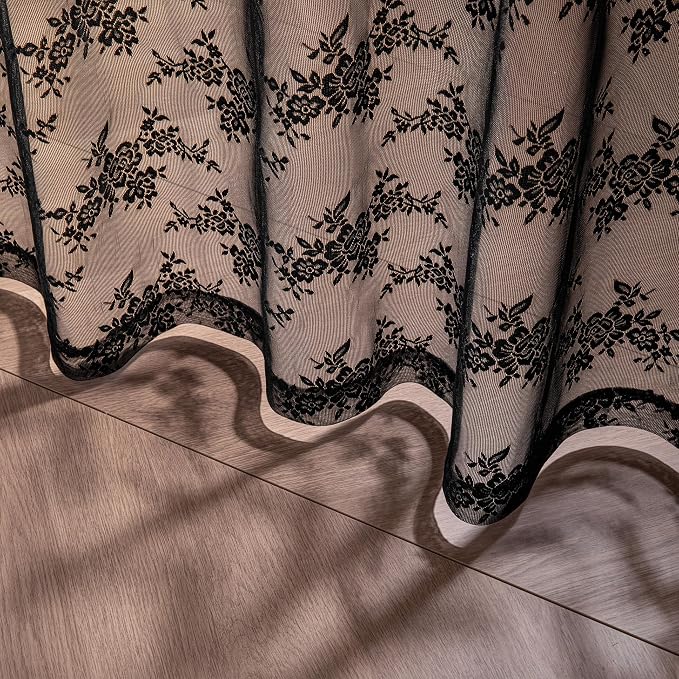 MEETSKY Black Lace Curtains 96 Inches Long 2 Panels Set, Black Sheer Gothic Curtains Vintage Floral Light Filtering Curtain for Living Room Bedroom, Each Panel 50" W x 96" L #2 Black