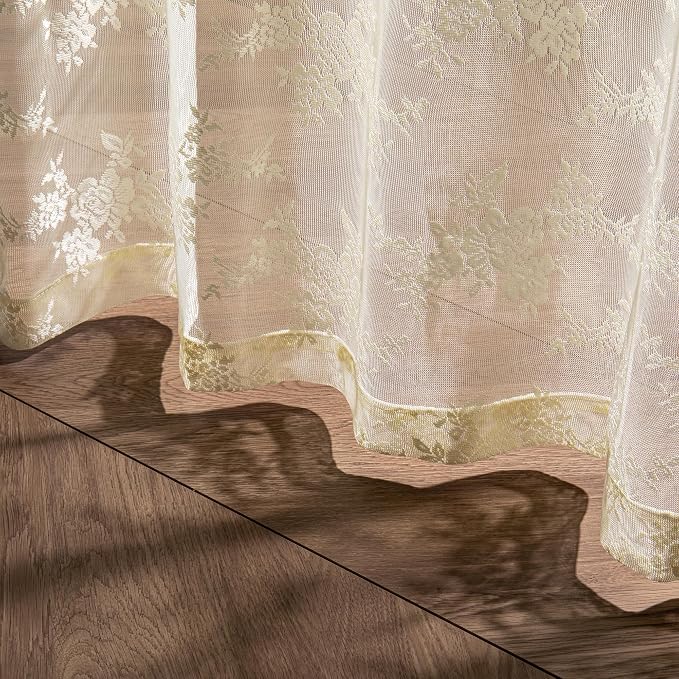 MEETSKY Vintage Lace Sheer Curtains 45 Inches Long for Small Windows French Victorian Spring Floral Pattern Design Light Filtering Rod Pocket Drapes, 50" W Each Panel, 2 PCS, Light Yellow