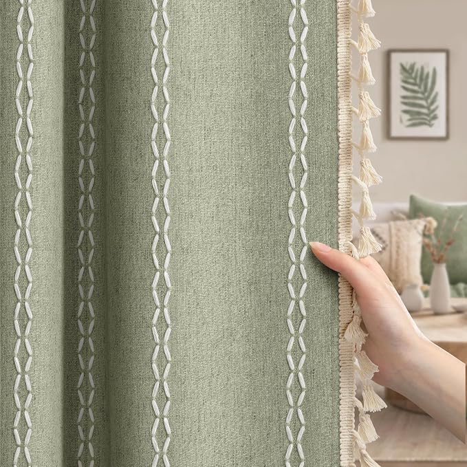 Green Boho Blackout Curtains 2 Panels 84 Inch for Living Room Bedroom, Linen Texture Farmhouse Curtains with Tassels and White Cotton Embroidery Vintage