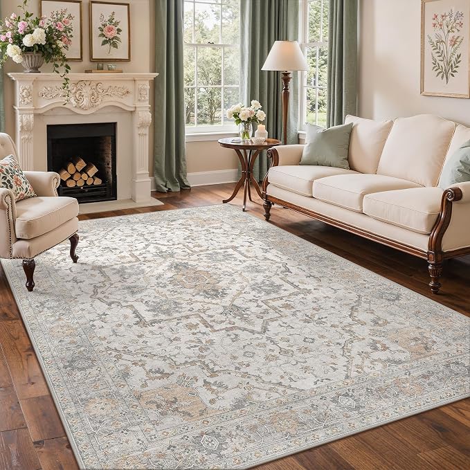 GENIMO 9x12 Area Rugs for Living Room, Machine Washable Non Slip Vintage Rugs, Low Pile Lightweight Print Rug for Bedroom, Dining Room, Home Office,Gray Brown