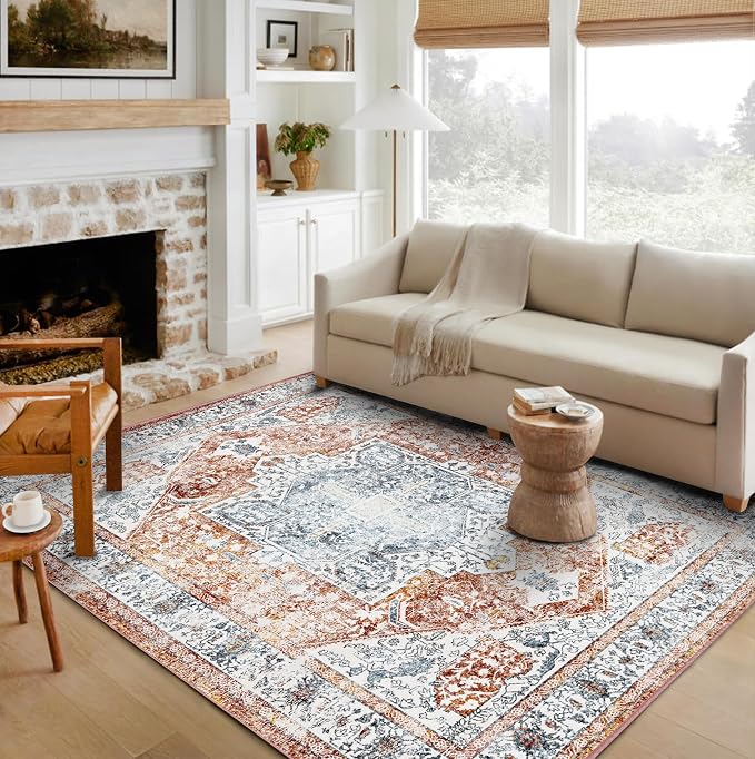 CHAMPLANT 5x7 Washable Area Rug Vintage Traditional Floor Cover Foldable Thin Rug Retro Kitchen Accent Rug Indoor Distressed Non Slip Carpet Floral Print Mat Bedroom Living Room Bathroom