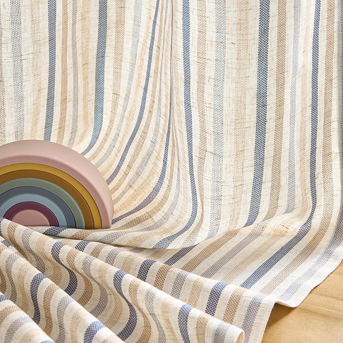 jinchan Linen Curtains 63 inch Blue Stripe for Kids Room Grommet 2 Panels | Kids Curtains for Nursery Living Room Bedroom Baby Boys Room,Cute Colorful Ticking Stripe,Cottagecore Rustic,Light Filtering