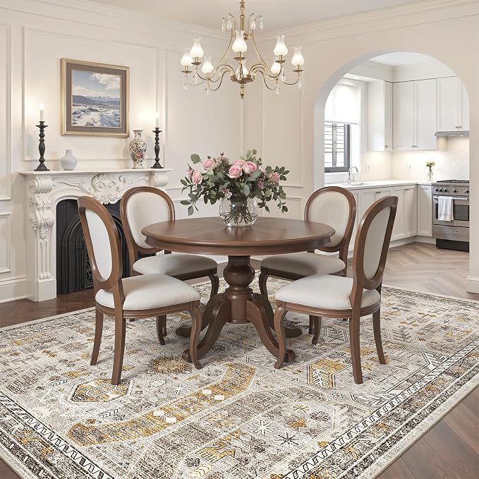 Madane 5x7 Area Rugs for Living Room, Non-Slip Washable Rug, Brown/Gold | Ultra-Thin Stain Resistant Vintage Large 5'X7' Carpet, Soft Low Pile Floor Mat For Bedroom Dining Room Office Home Decor