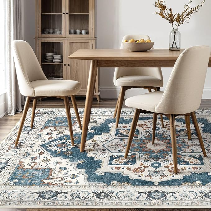 10x14 Washable Area Rug: Vintage Neutral Soft Non Slip Thin Large Floor Carpet for Living Room Bedroom Kitchen Dining Room Home Office Farmhouse Indoor - Blue