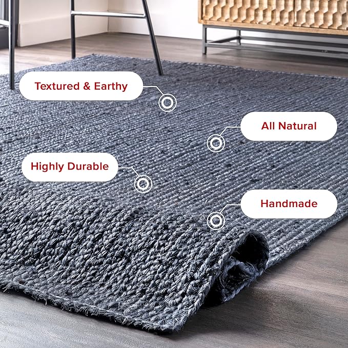 nuLOOM 10x14 Rigo Jute Hand Woven Area Rug, Navy, Solid Farmhouse Design, Natural Fiber, For Bedroom, Living Room, Dining Room, Hallway, Office, Kitchen, Entryway