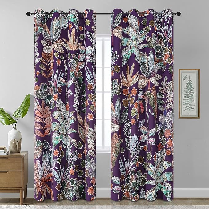 Estelar Textiler Purple Leaves Pattern Blackout Curtains 90 Inch Length for Bedroom,Elegant Home Decor for Living Room Darkening Thermal Insulated Grommet Blackout Curtains,52x90 Inch,2 Panel