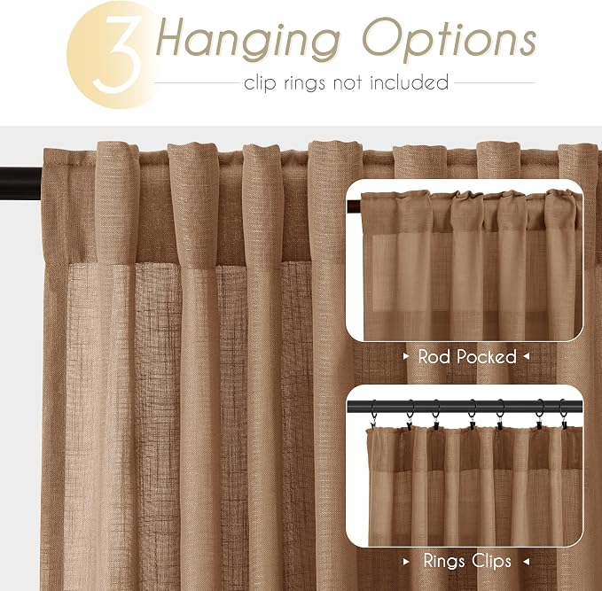 Brown Curtains for Living Room Back Tab Modern Farmhouse Semi Sheer Brown Curtains 63 inches Long 2 Panels Set Muted Neutral Window Curtain for Dining Room Bedroom 52x63