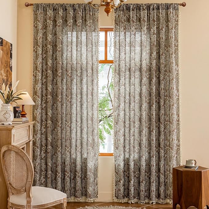 OYX Vintage Curtains 63 Inch, Farmhouse Curtain Botanical Drapes with Tassels, Linen Textured Light Filtering Semi Sheer Curtains for Living Room Bedroom,2 Panels,Rod Pocket, 52Wx63L
