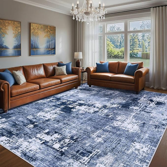 DMOYEST Area Rug Living Room Rugs - 10x14 Washable Large Soft Indoor Neutral Modern Abstract Low Pile Rug Carpet for Bedroom Dining Room Farmhouse Home Office - Navy Blue