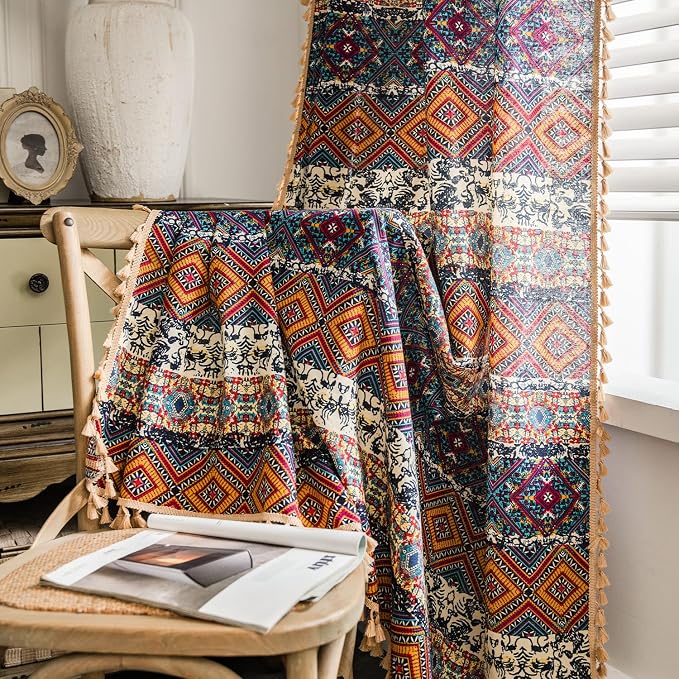 VOGOL Vintage Boho Curtains for Farmhouse, Not See Through Privacy Window Treatments for Yoga Room, Soft Touch Geo Printed Drapes for Dining Room, 59 x 79 Inches, 1 Panel
