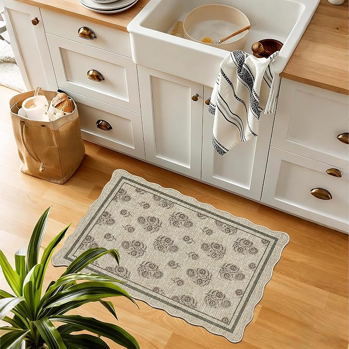 ORTIGIA Scalloped Easy Jute 2x3 Area Rug Vintage Brown Floral Accent Farmhouse Washable Rug Non-Slip Indoor Outdoor Carpet for Living Room Bedroom Kitchen Patio Entryway