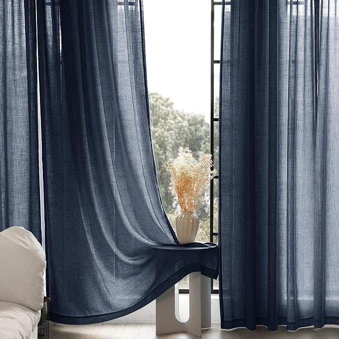 Navy Blue Curtains 105 inch Length for Bedroom Back Tab Light Filtering Semi Sheer Blue Living Room Curtains Linen Cotton Textured Indigo Blue Drapery Panel Modern Farmhouse Aesthetic Decor Dark Blue