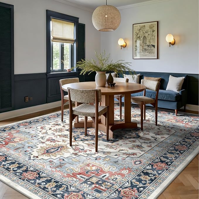 8x10 Area Rugs for Living Room - Washable Rug Vintage Distress Boho Medallion Rugs for Bedroom, Soft Non-Slip Backing Low Pile Carpet for Dining Room Office Nursery Home, Blue Beige Orange