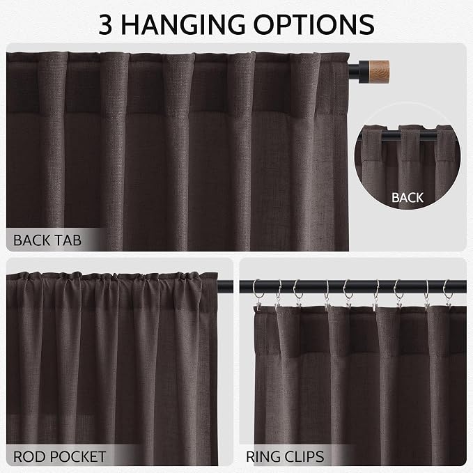 Cocoa Coffee Curtains 63 Inches Long 2 Panel Sets for Living Room Bedroom, Light Filtering Linen Drapes for Kitchen Windows Rod Pocket or Back Tab Curtain,Semi Sheer 52x63