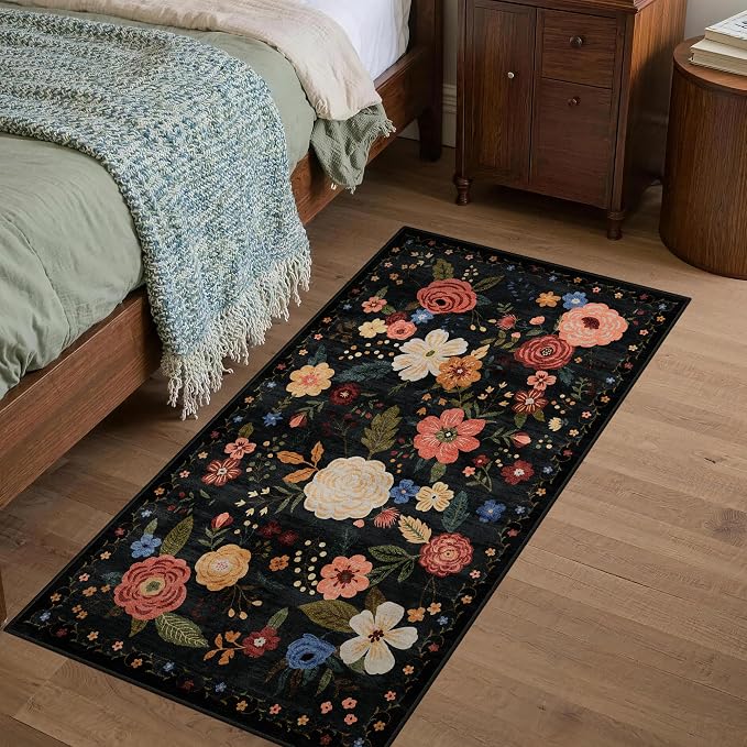 2x4 Washable Runner Rug Kitchen Hallway Area Rug Vintage Boho Floral Ultra Non-Slip Low Pile Soft Faux Wool Carpet Kids and Pets Friendly for Bathroom Bedroom Entryway Nursery Home Rug Black Green